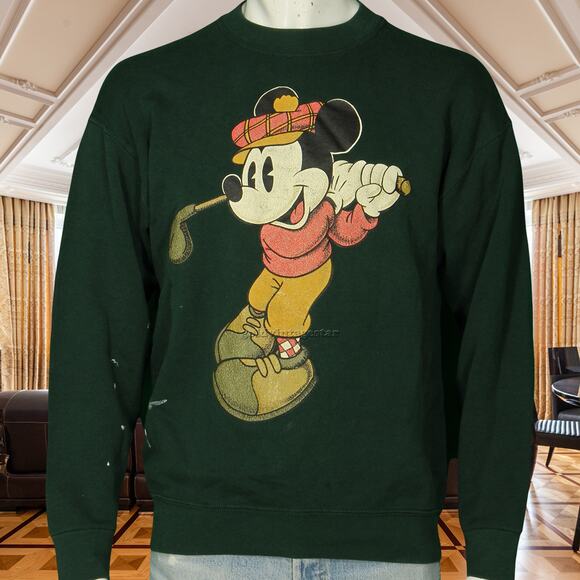 90s Vintage Mickey Mouse Disney Disneyland Golf Green Sweatshirt Jumper M - Picture 7 of 10